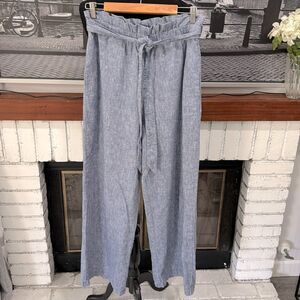 Express Women High Rise Linen Cotton Blend Pants Blue Long Wide Leg Medium